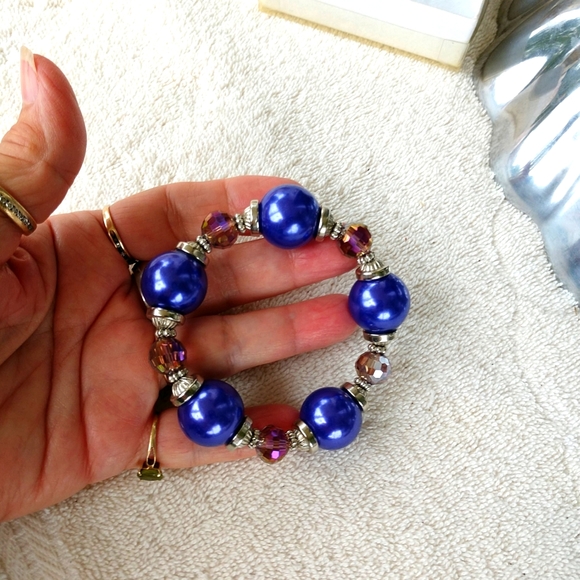 🔥🔥🔥🔥 !!! 🆕 Chunky Bracelet Purple W/Crystal & Bead Caps Hand-Made - Picture 7 of 9